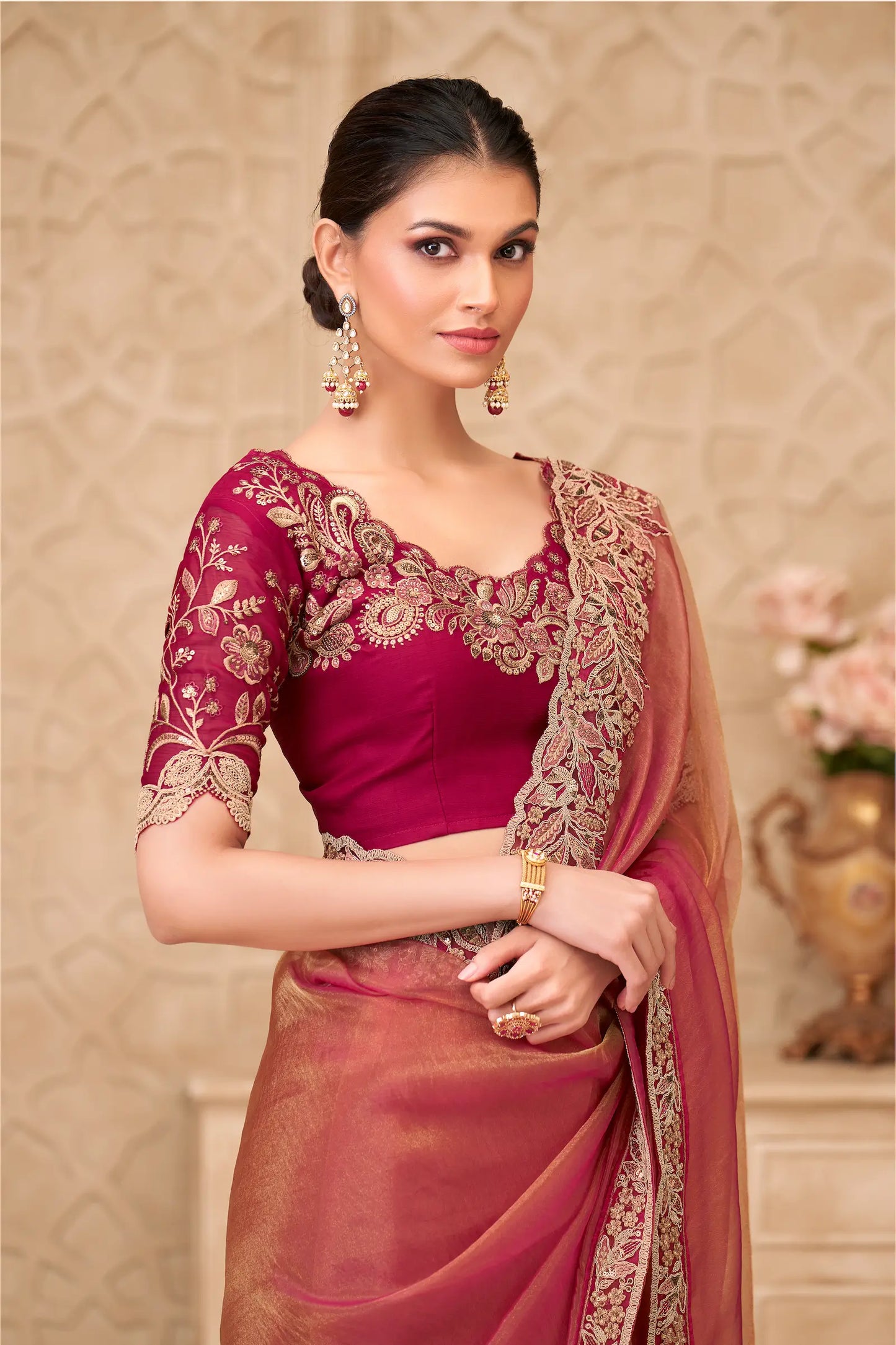 Rust Orange Sparkle Georgette Embroidery Party Wear Saree