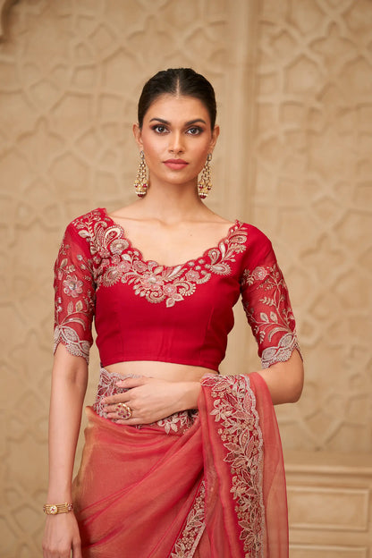 Rust Orange Sparkle Georgette Embroidery Party Wear Saree