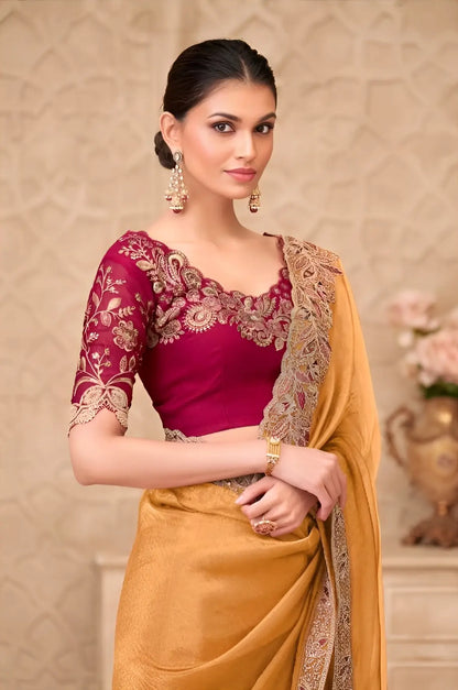 Golden Yellow Sparkle Georgette Embroidery Party Wear Saree