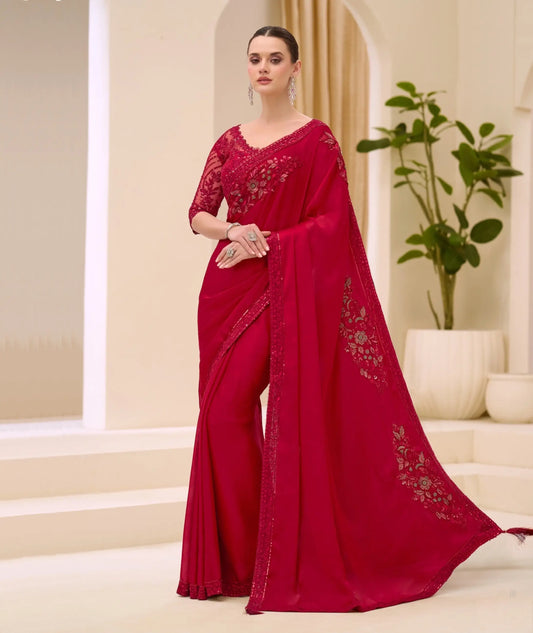 Cherry Red Georgette Party wear Saree