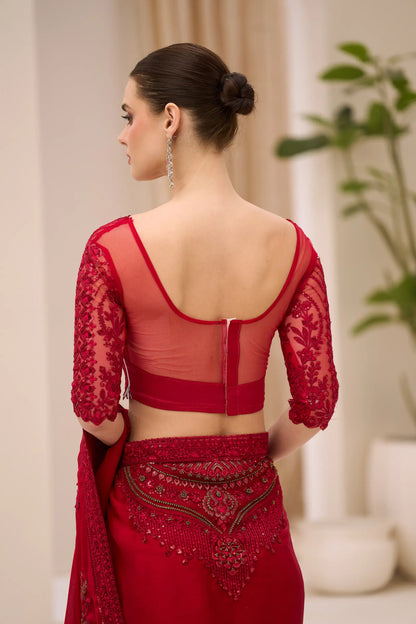 Cherry Red Georgette Party wear Saree