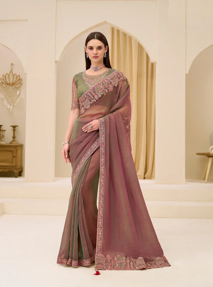 Pink-Olive Georgette Party wear Saree