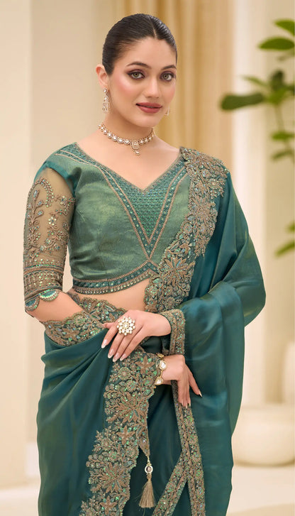 Peacock Teal Georgette Party wear Saree