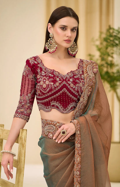 Golden Olive Georgette Party wear Saree