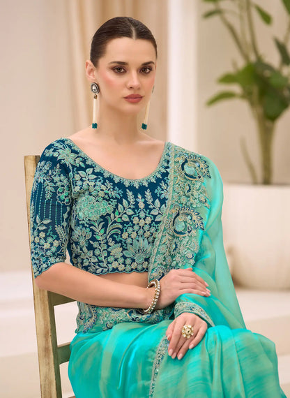 Turquoise Blue Georgette Party wear Saree