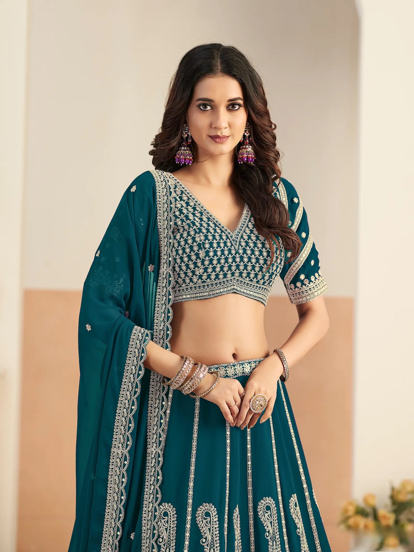 Deep Teal Georgette Embroidery Lehenga Choli