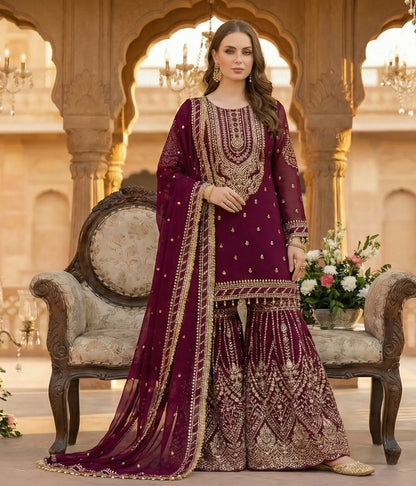 Wine georgette Embroidery Salwar Suit