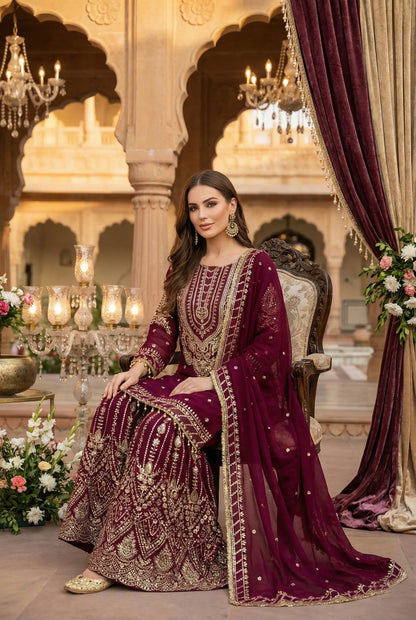Wine georgette Embroidery Salwar Suit