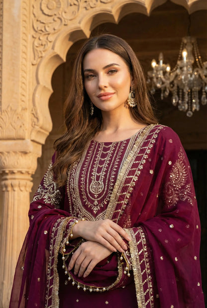 Wine georgette Embroidery Salwar Suit