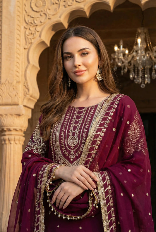 Wine georgette Embroidery Salwar Suit