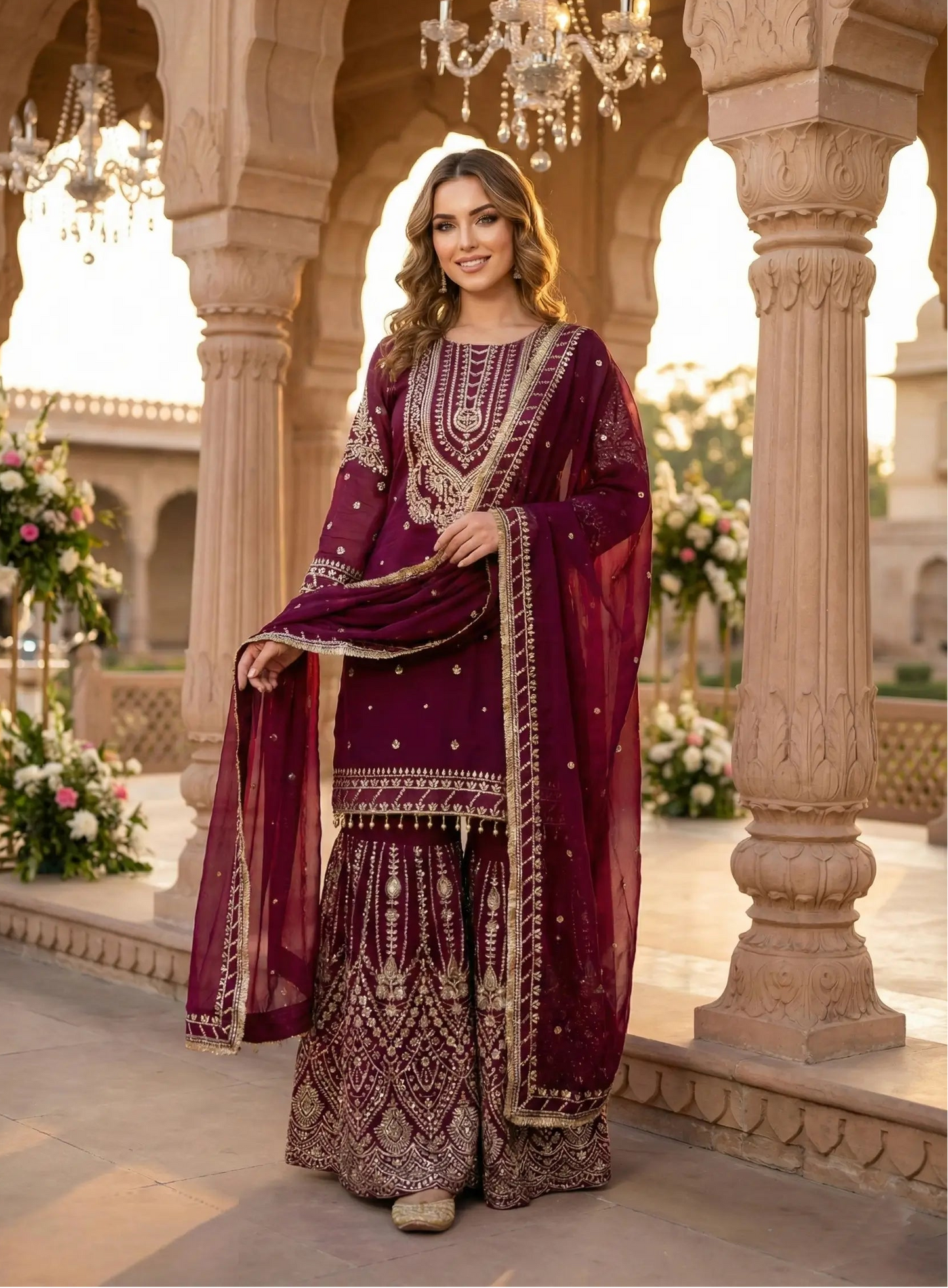 Wine georgette Embroidery Salwar Suit