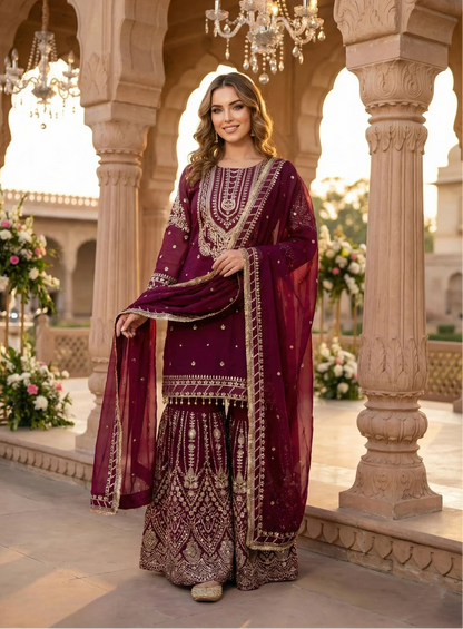 Wine georgette Embroidery Salwar Suit