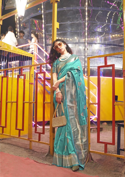 Dark Turquoise Handloom Weaving Silk Saree With Handwoven Art