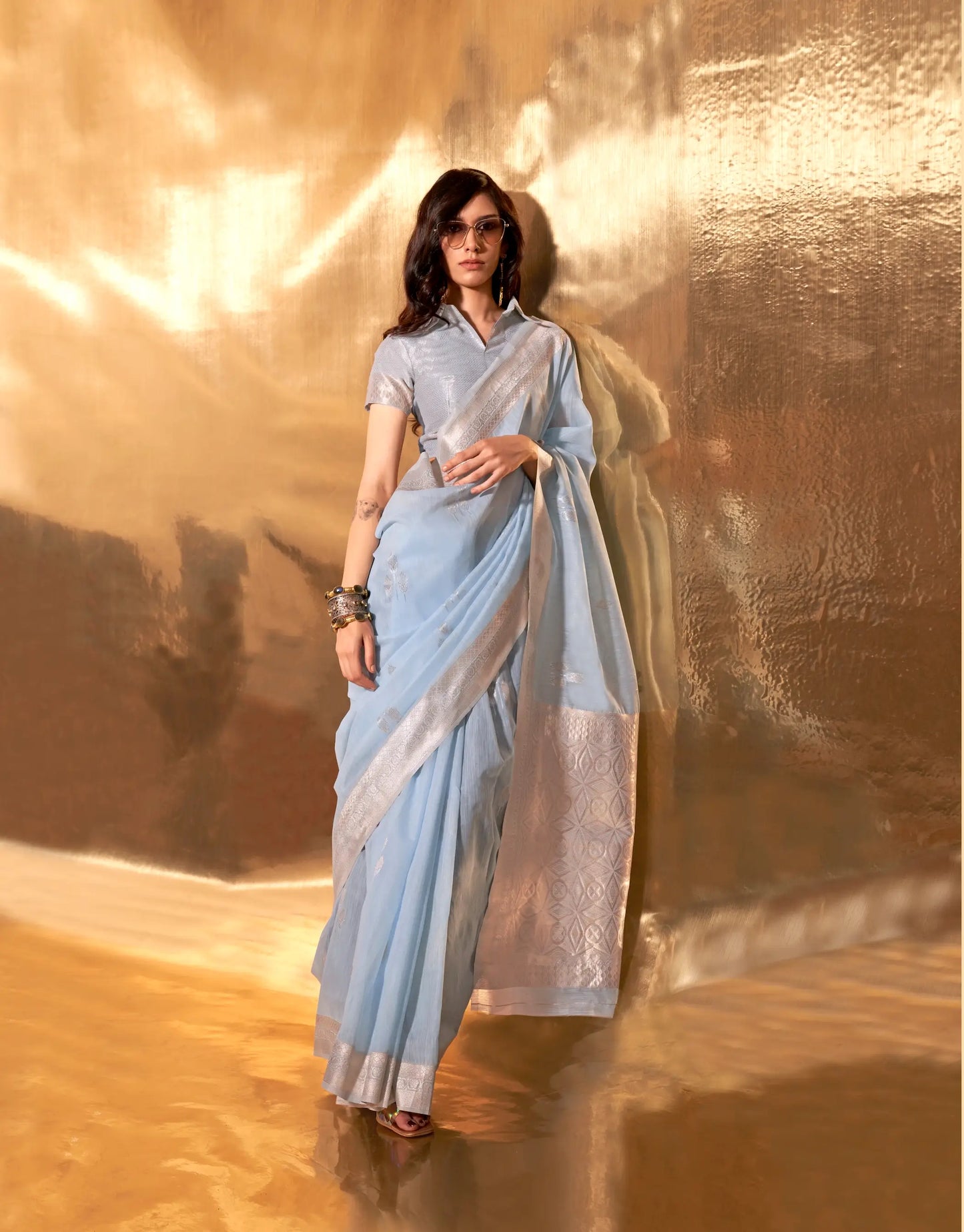 Aqua Blue Linen Cotton Zari Weaving Saree