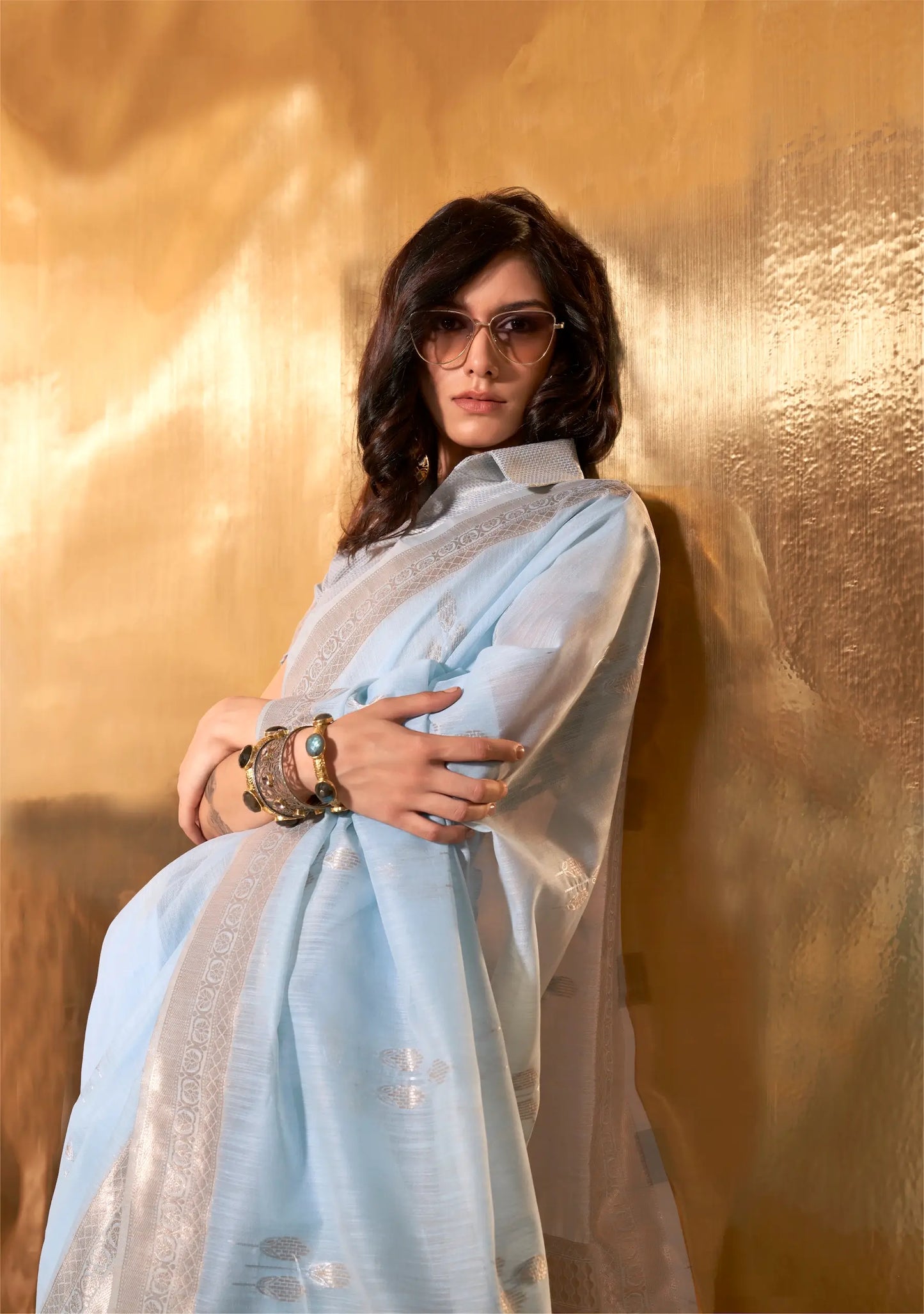 Aqua Blue Linen Cotton Zari Weaving Saree