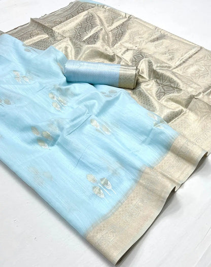 Aqua Blue Linen Cotton Zari Weaving Saree