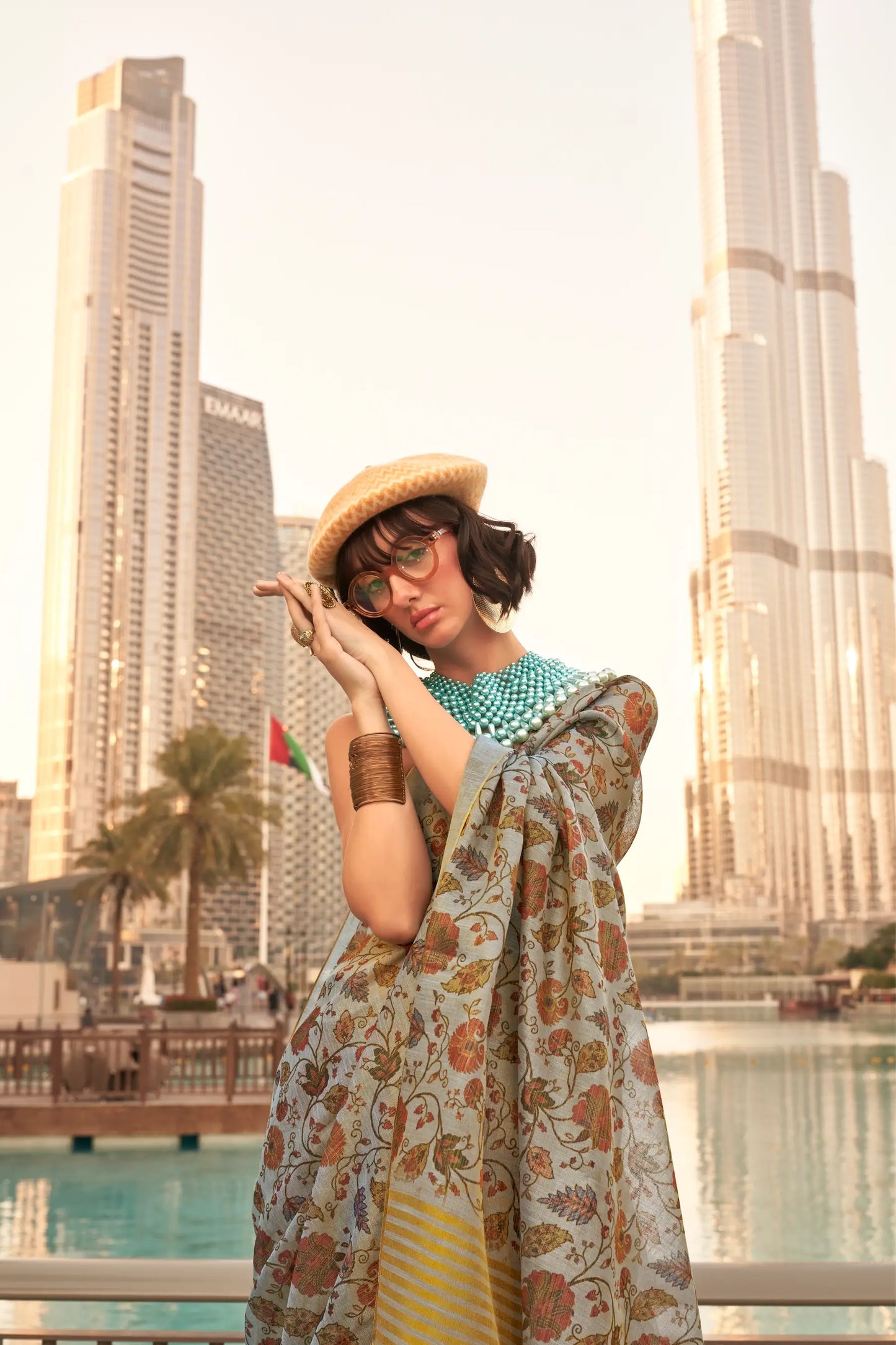 Dusty Grey Tissue Saree with Print & Zari Weaving Work