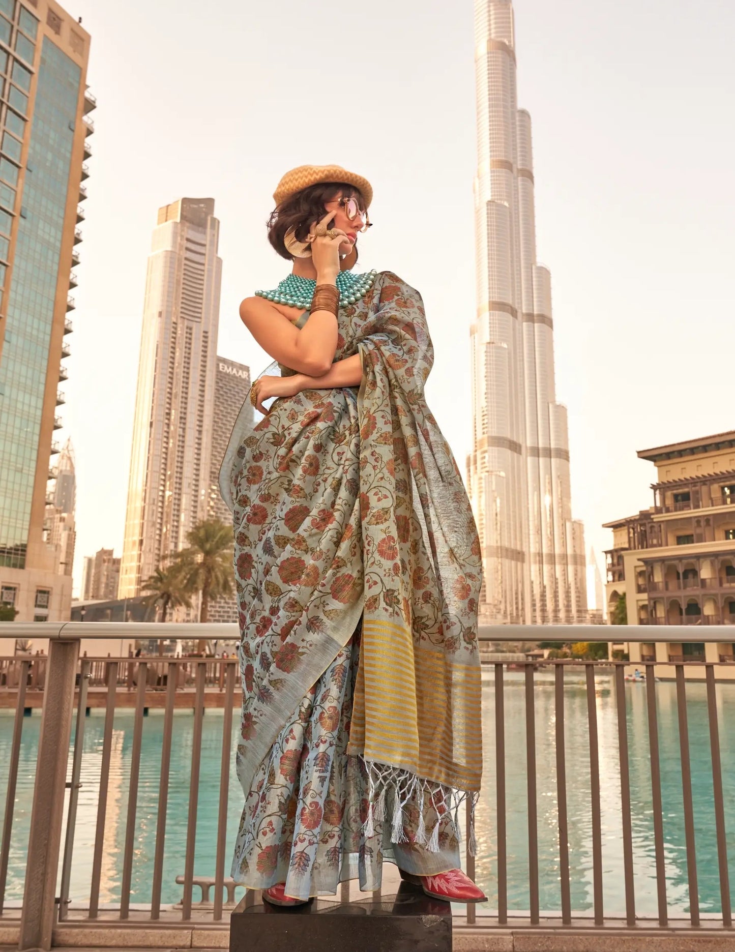 Dusty Grey Tissue Saree with Print & Zari Weaving Work