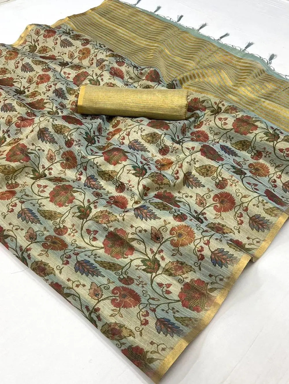 Dusty Grey Tissue Saree with Print & Zari Weaving Work