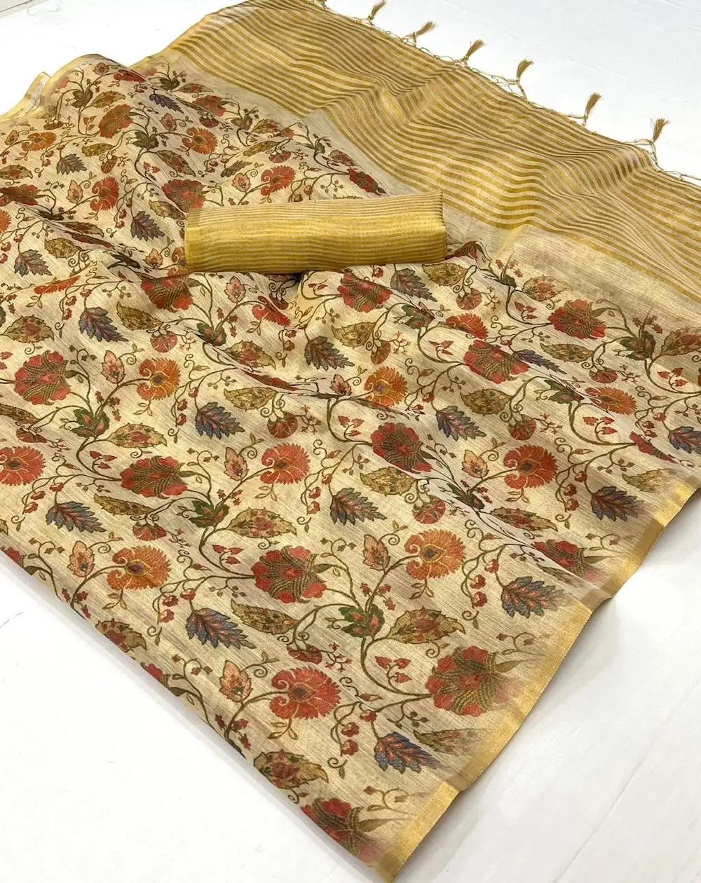 Beige Tissue Saree with Print & Zari Weaving Work