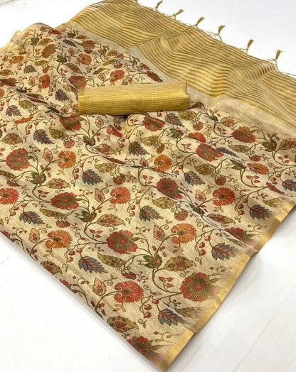 Beige Tissue Saree with Print & Zari Weaving Work