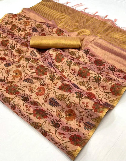 Salmon Pink Tissue Saree with Print & Zari Weaving Work