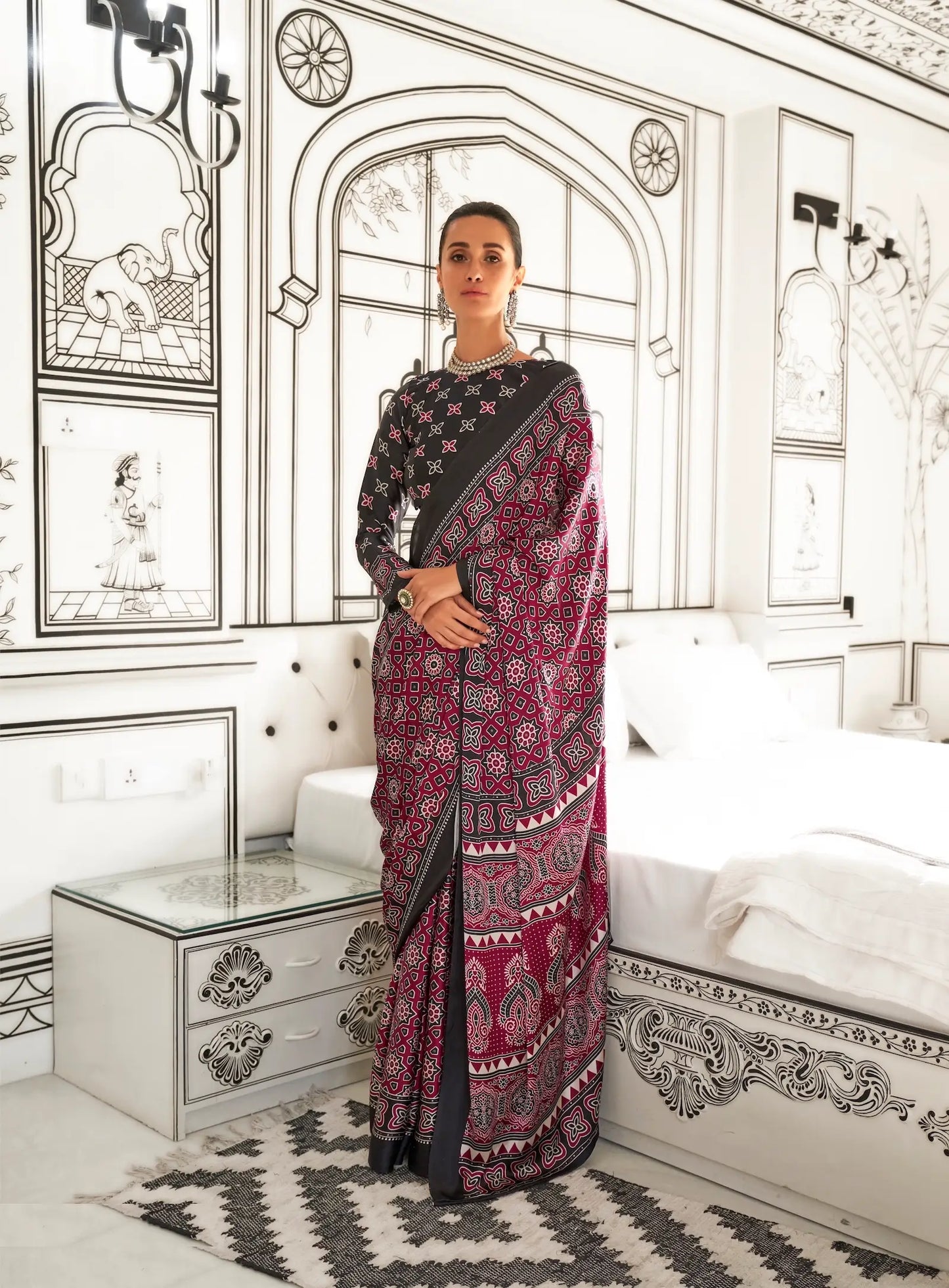 Maroon Ajrakh Printed Satin Crepe Silk Saree