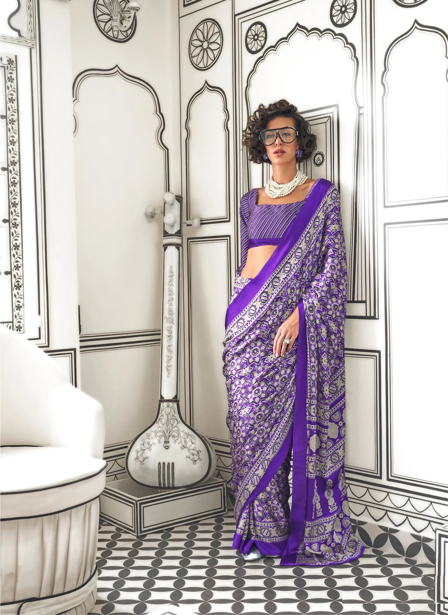 Purple Ajrakh Printed Satin Crepe Silk Saree