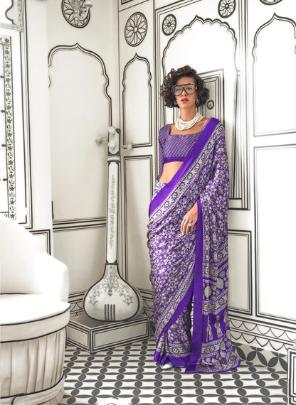 Purple Ajrakh Printed Satin Crepe Silk Saree