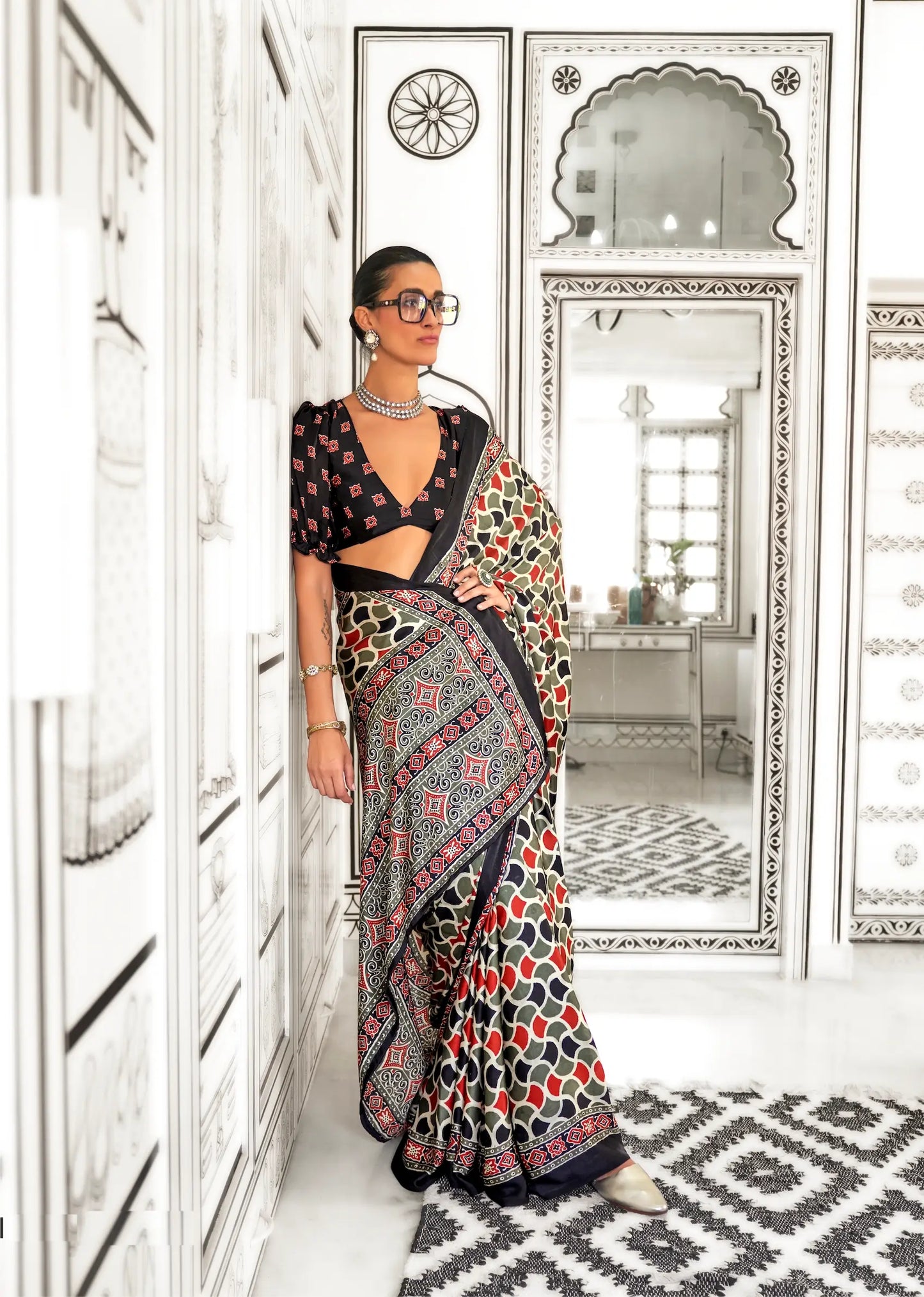 Black-Olive Ajrakh Printed Satin Crepe Silk Saree