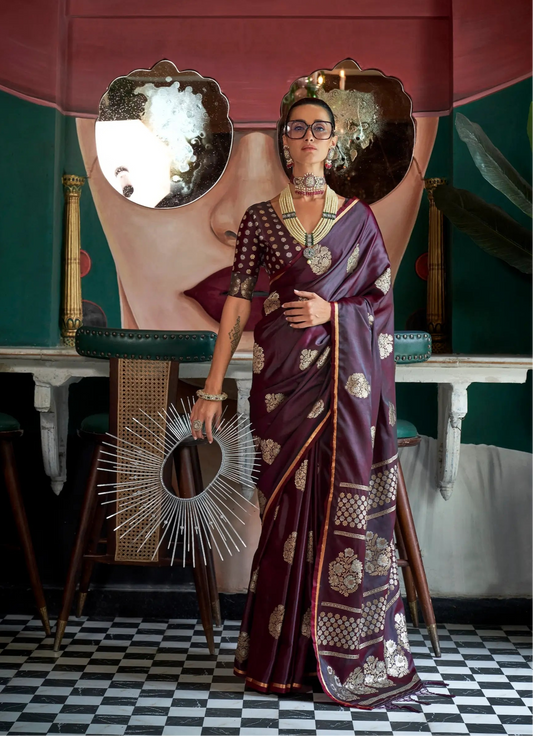 Wine Red Satin Handloom Silk Zari Weaving Work Saree