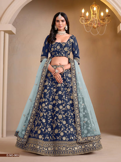 Dark Blue Designer Art Silk Lehenga Choli With Thread And Sequins Work