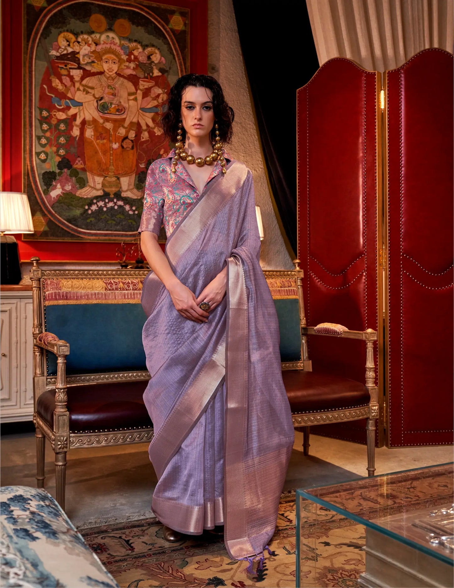Lavender Chiffon Handloom Weaving Silk Saree