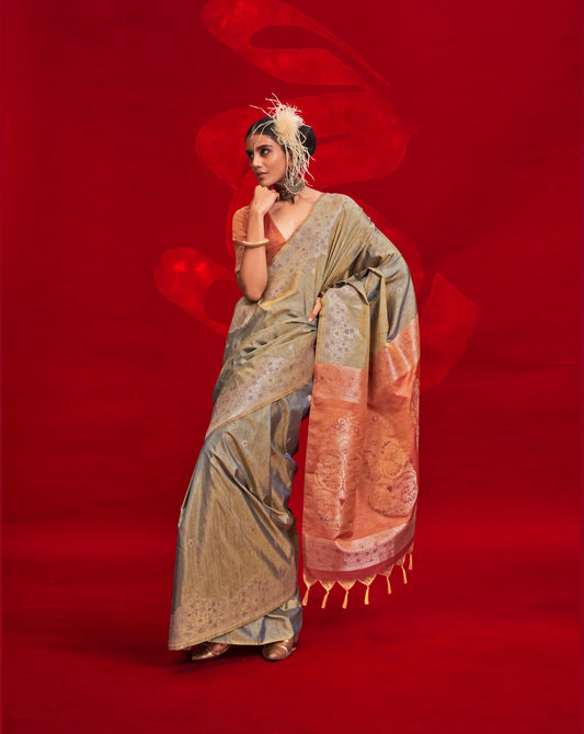 Grey Tussar Silk Zari Weaving saree