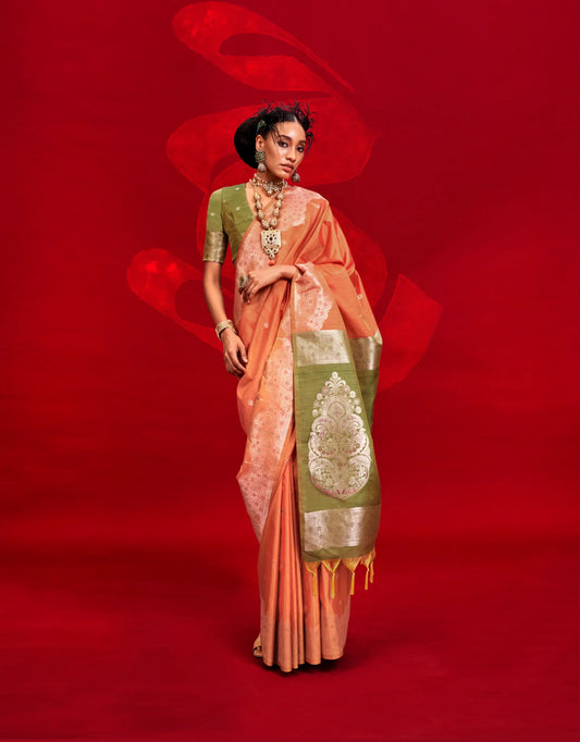 Orange Tussar Silk Zari Weaving saree