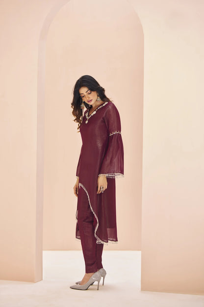 Maroon Organza Salwar Suit With Handwork