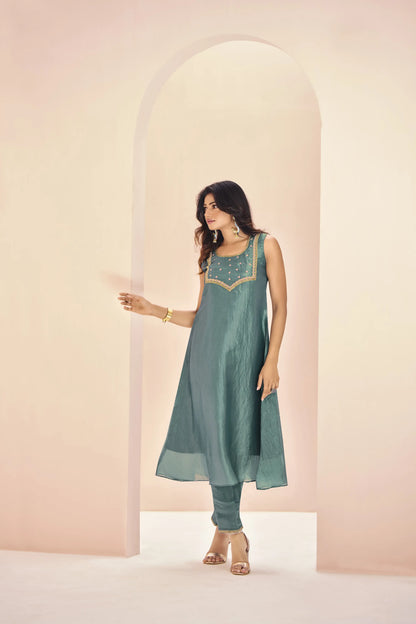 Aqua Green Organza Salwar Suit With Handwork