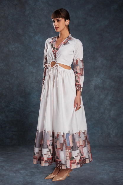 White Printed Linen Gown