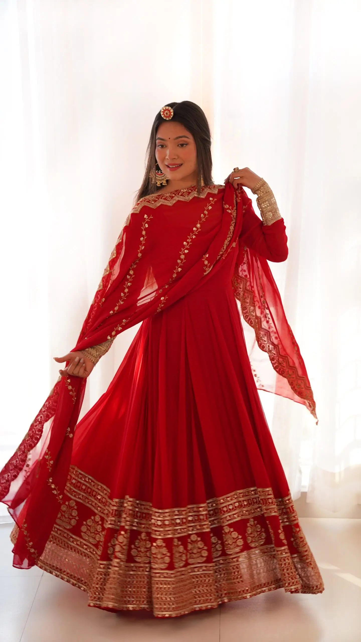 Red Embroidery Georgette Gown With Dupatta