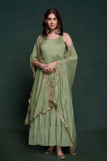 Pista Georgette Gown With Dupatta