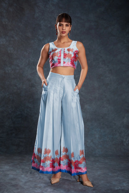 Sky Blue Printed Satin Co-ord Set