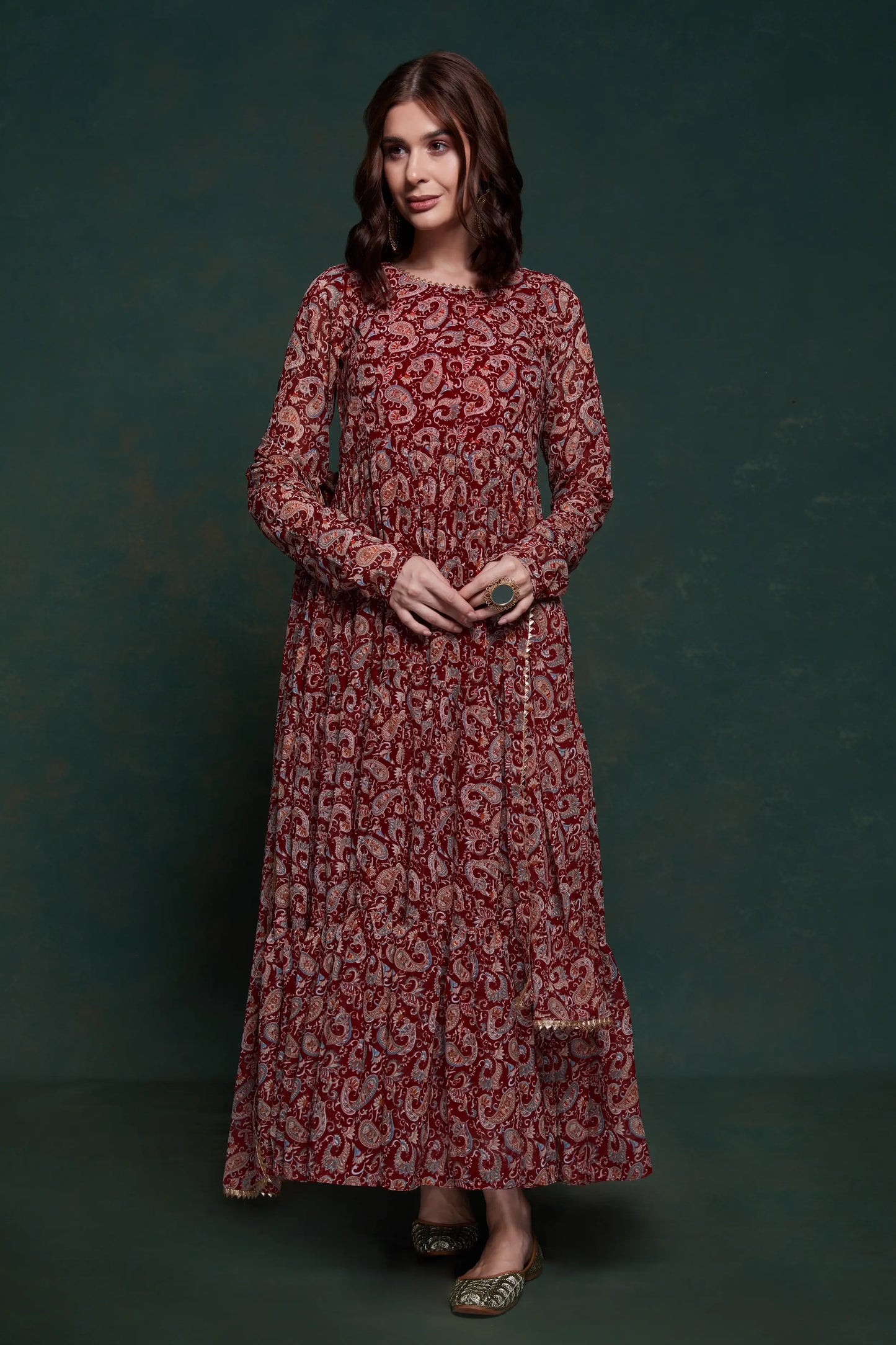 Maroon Printed Gown With Dupatta