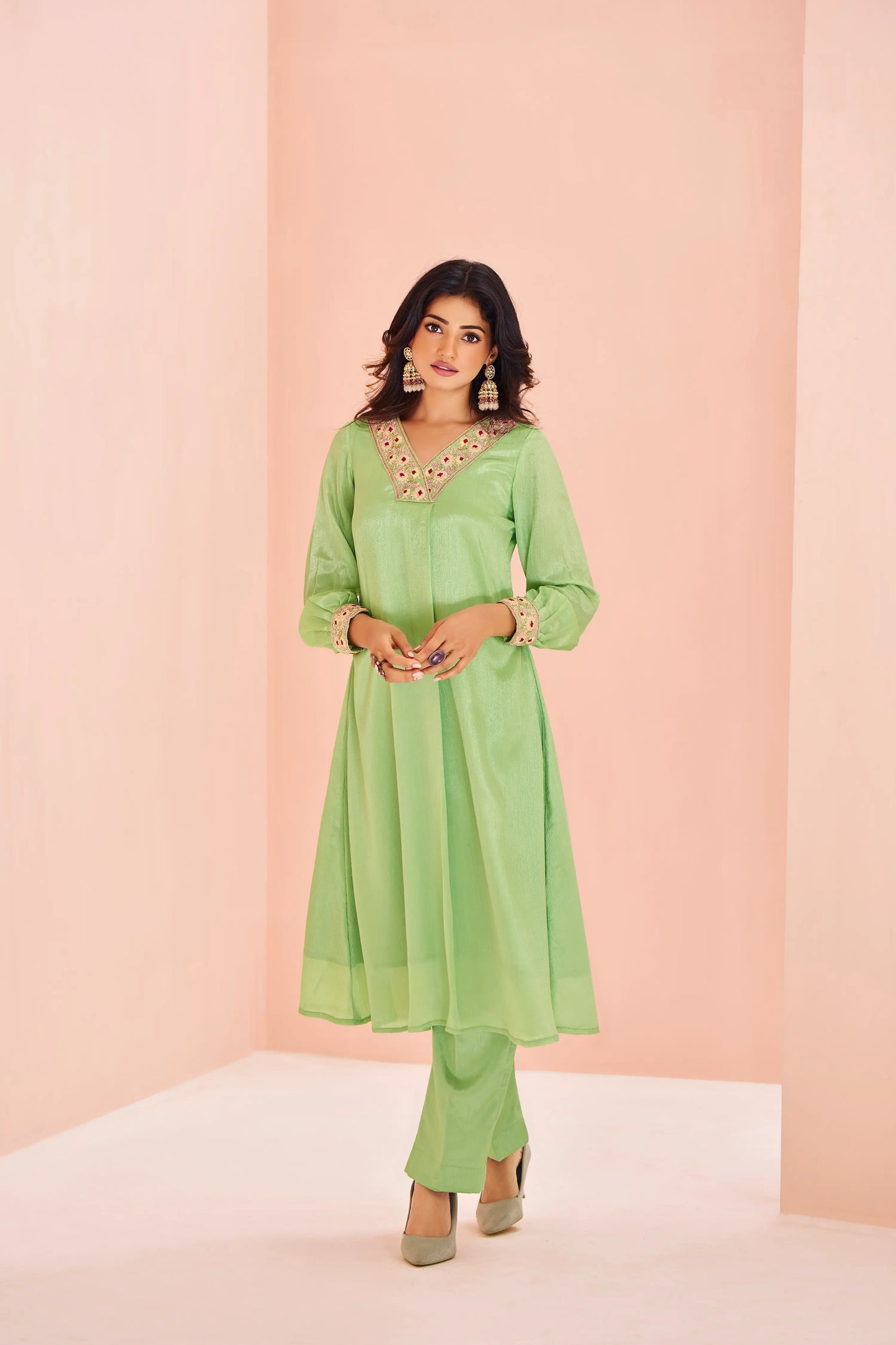 Pista Green Chinon Salwar Suit With Handwork