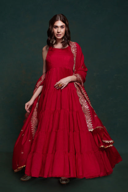 Red Georgette Gown With Dupatta