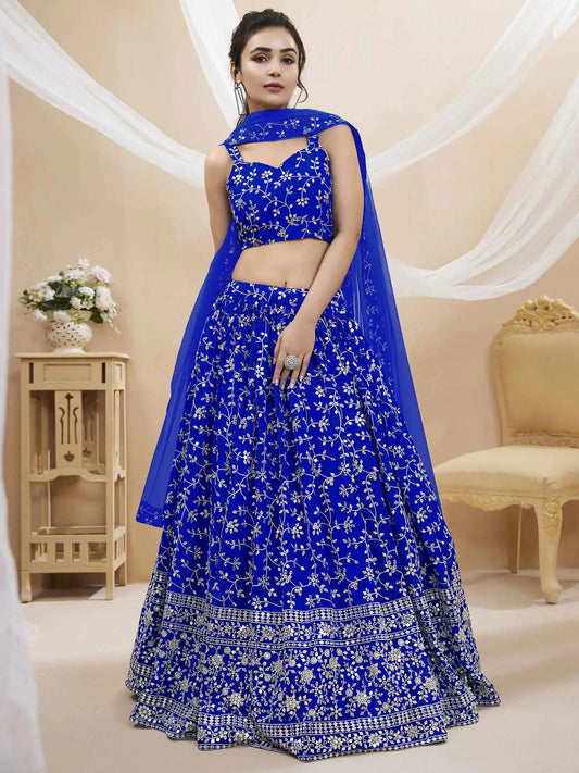 Royal Blue Georgette Lehenga With Sequins And Zari Embroidery Work