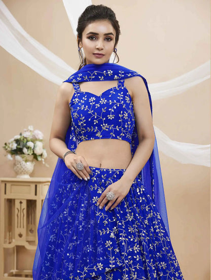 Royal Blue Georgette Lehenga With Sequins And Zari Embroidery Work