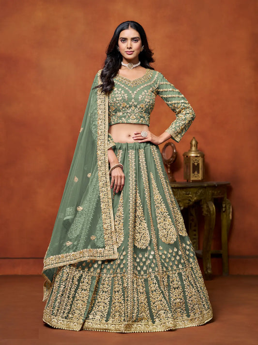 Pista green net lehenga choli with thread and sequence embroidery work