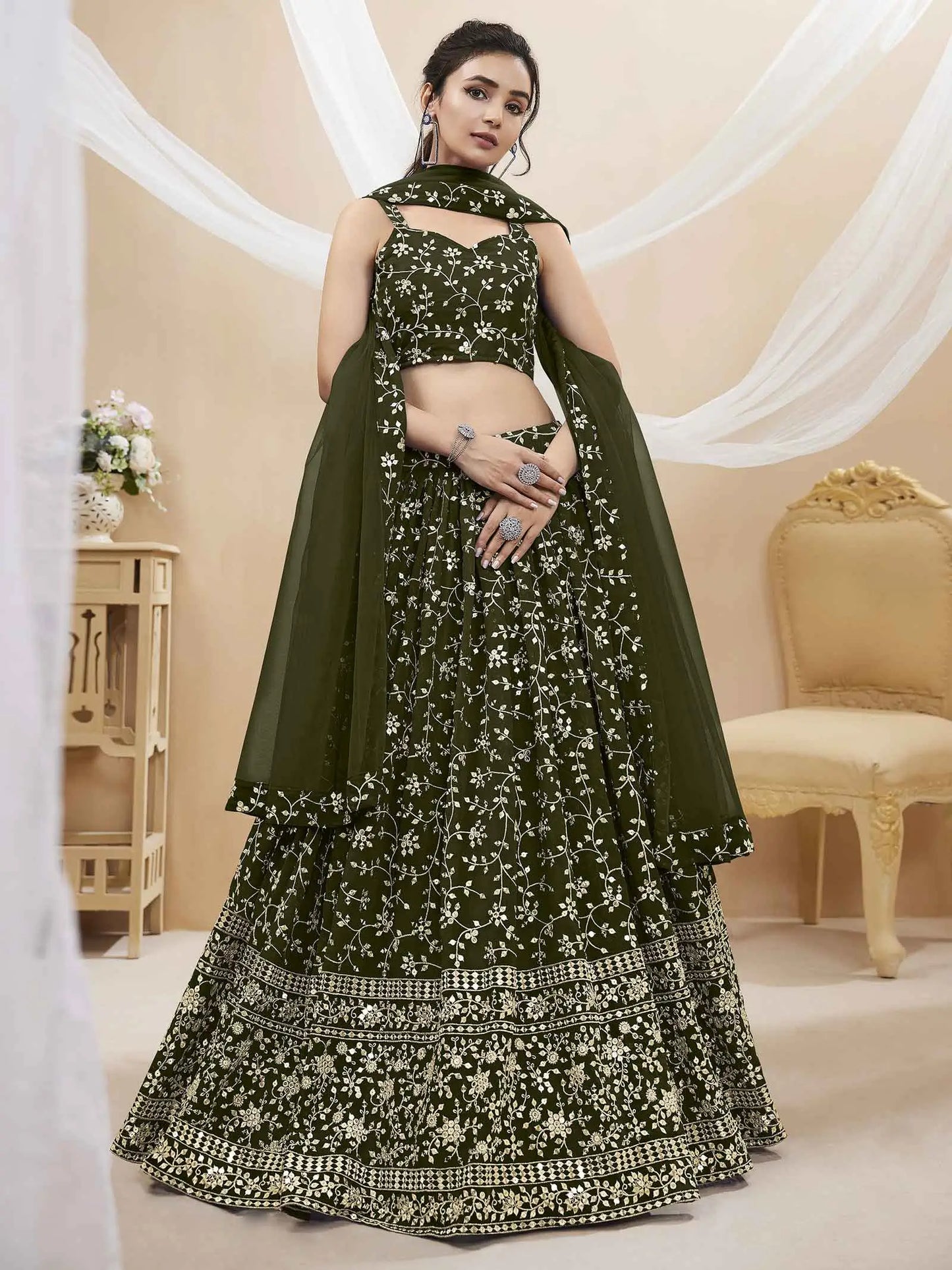 Dark Olive Green Georgette Lehenga With Sequins And Zari Embroidery Work