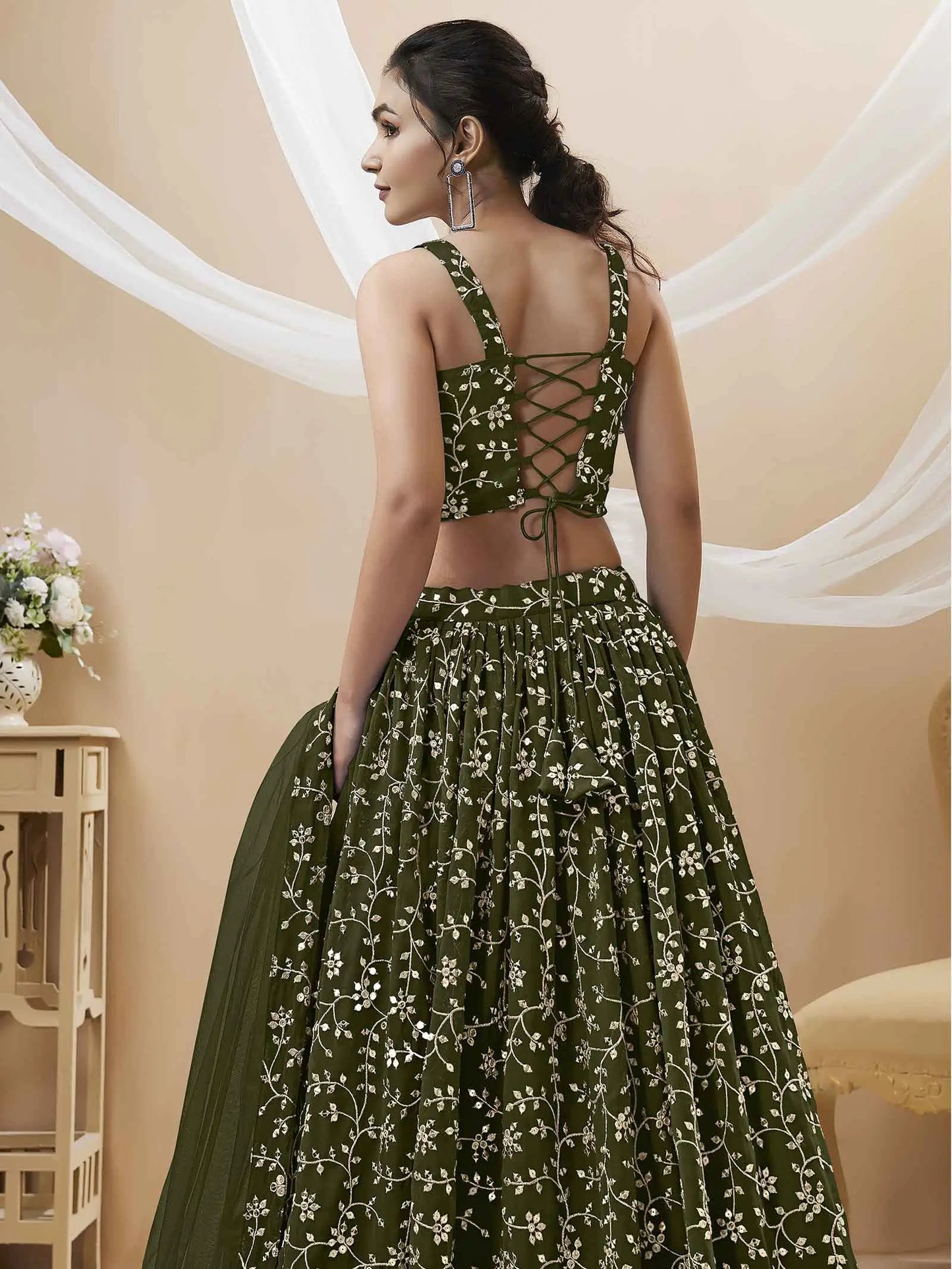 Dark Olive Green Georgette Lehenga With Sequins And Zari Embroidery Work