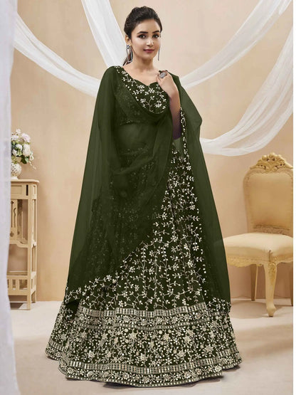 Dark Olive Green Georgette Lehenga With Sequins And Zari Embroidery Work